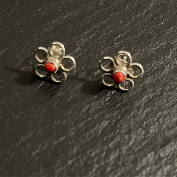 Handmade Sterling Silver Red Fire Opal Post Earrings - Picture 6 of 9